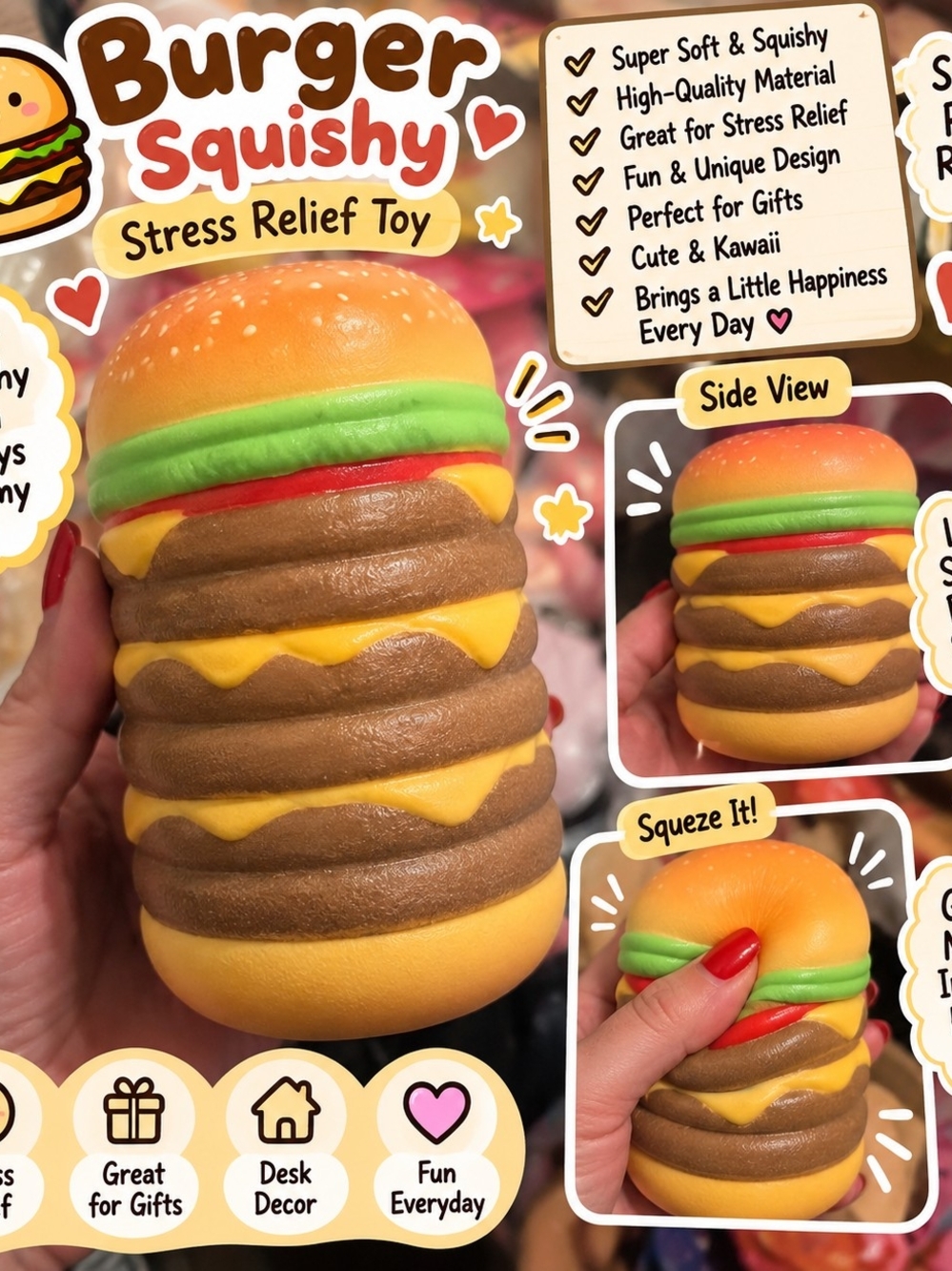 Burger Squishy Stress Relief Toy - Kids Toy - Yellow/Brown/Green